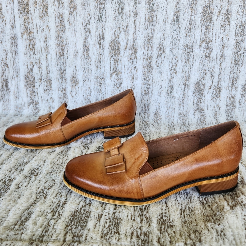 Mona Flying Bow Penny Loafer Sheepskin Leather Brown Tan | Women's Size 9, 40 EU - Picture 6 of 14